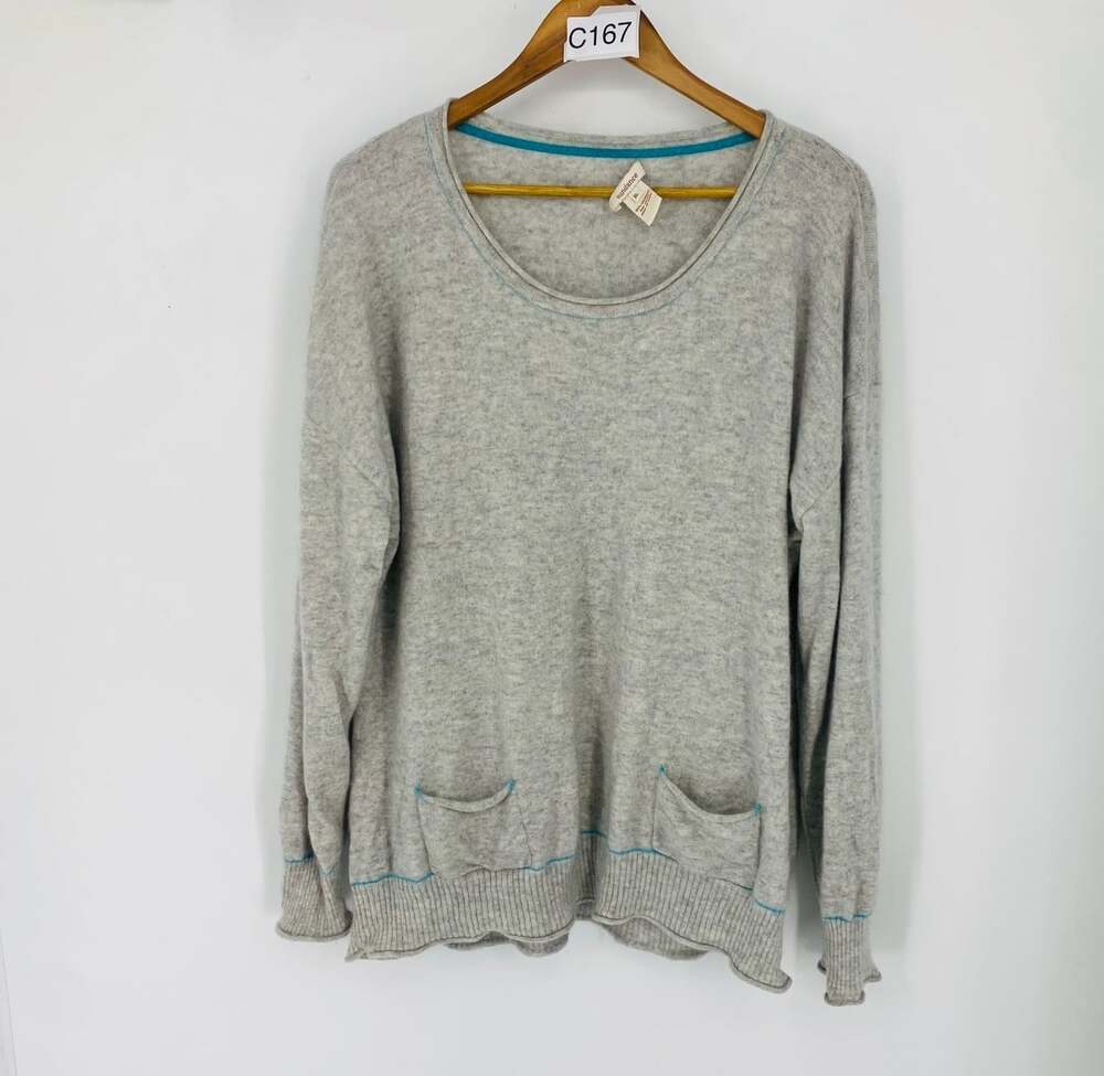 Sundance 100% Cashmere Sweater Women's XL Gray Pocket Pullover Blue Lagenlook
